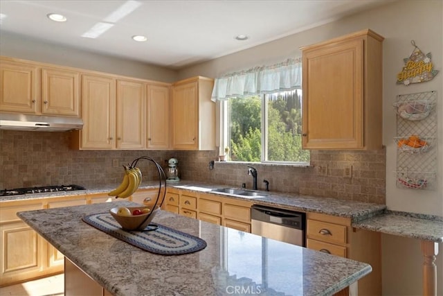 kitchen with a sink, appliances with stainless steel finishes, under cabinet range hood, and light brown cabinets