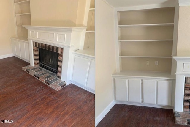 4117 Ocean View Blvd, Montrose, CA 91020 - unfurnished living room featuring baseboards, dark wood finished floors, a brick fireplace, and built in shelves