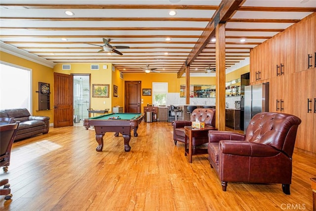 9336 Wayside Dr, Sunland, CA 91040 - game room with ceiling fan, light wood-style flooring, recessed lighting, billiards, and beamed ceiling