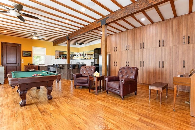 9336 Wayside Dr, Sunland, CA 91040 - rec room with ceiling fan, a dry bar, light wood-style flooring, recessed lighting, and pool table