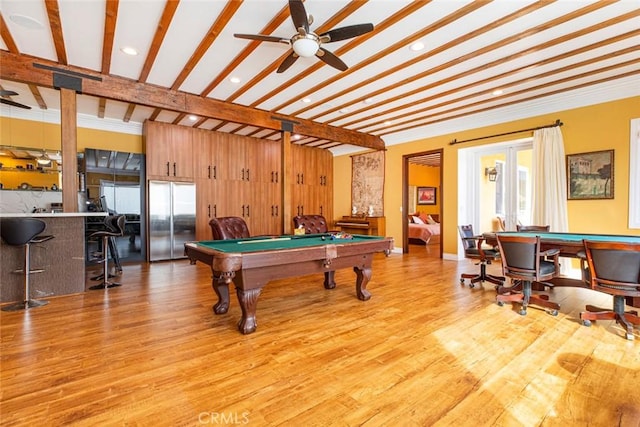9336 Wayside Dr, Sunland, CA 91040 - playroom featuring billiards, a ceiling fan, light wood-type flooring, beamed ceiling, and recessed lighting