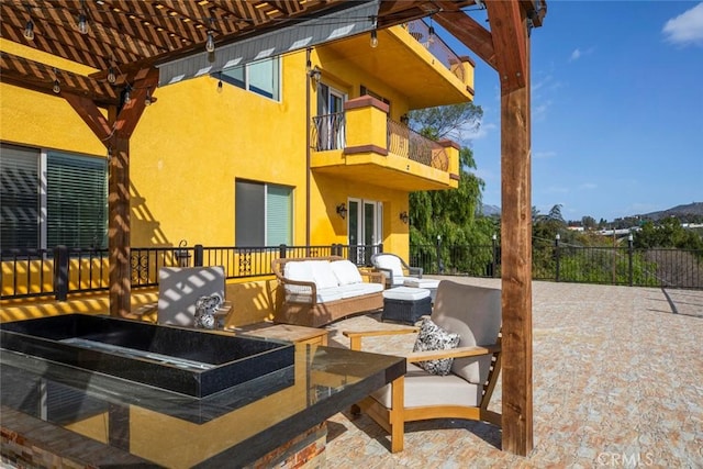 9336 Wayside Dr, Sunland, CA 91040 - view of patio with fence, a pergola, an outdoor kitchen, outdoor lounge area, and a balcony