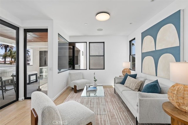 living room featuring baseboards and light wood-style flooring