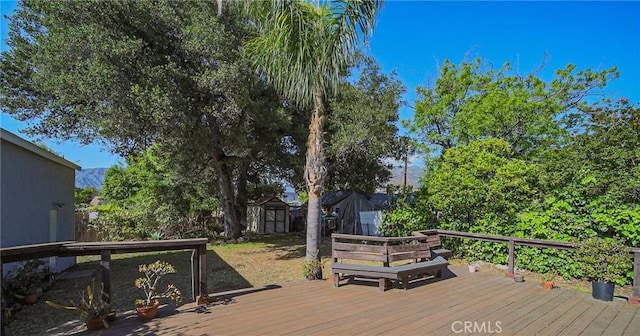 deck with an outbuilding and a shed
