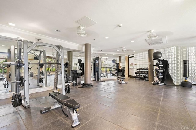 1465 C St Unit 3604, San Diego, CA 92101 - gym featuring crown molding, healthy amount of natural light, decorative columns, and recessed lighting