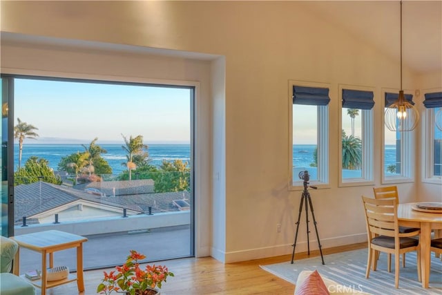 dining area with a water view, baseboards, and wood finished floors