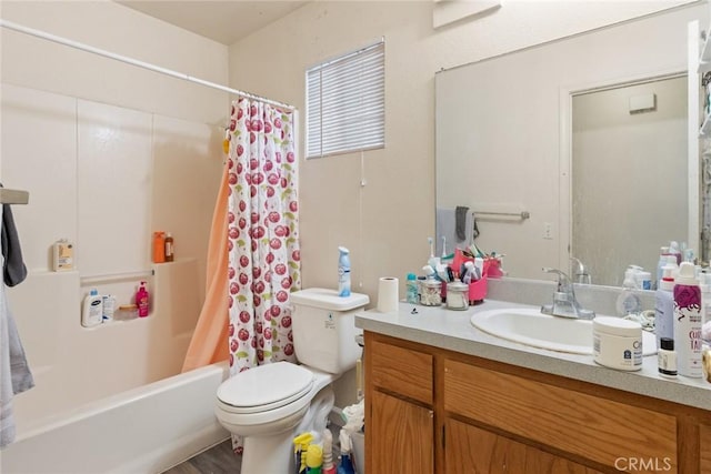 full bath featuring toilet, shower / tub combo, and vanity