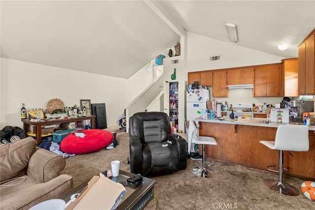 living room featuring visible vents, beam ceiling, stairway, carpet floors, and high vaulted ceiling