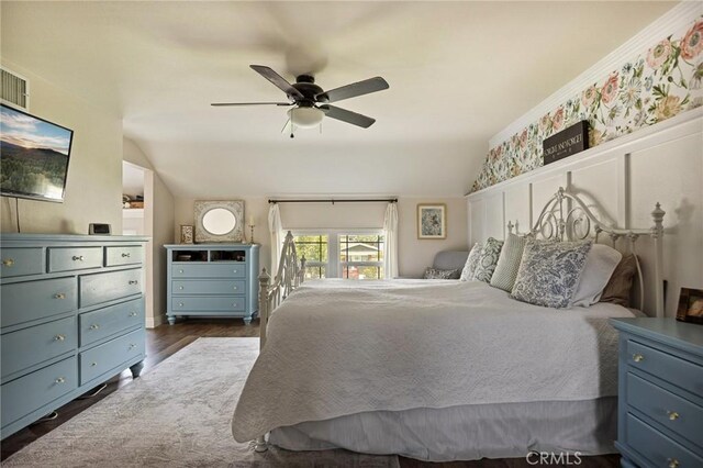 11414 Golden Gate Dr, Yucaipa, CA 92399 - bedroom featuring lofted ceiling, dark wood-type flooring, and a ceiling fan