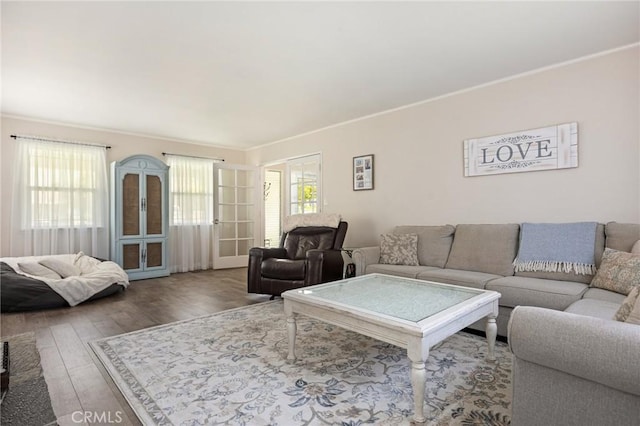living area featuring crown molding and wood finished floors