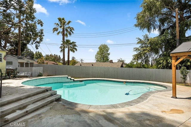 view of pool featuring a fenced in pool, a fenced backyard, and a patio area