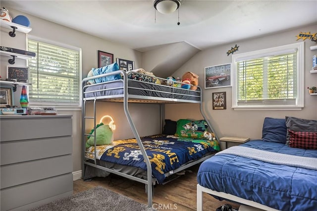 bedroom featuring a ceiling fan, wood finished floors, and multiple windows