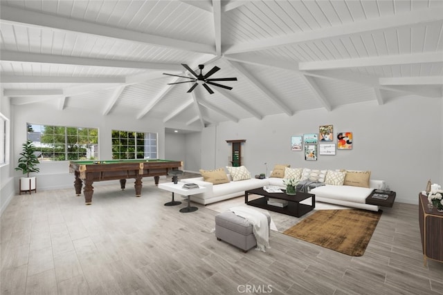 17441 Rayen St, Sherwood Forest, CA 91325 - living room featuring wood finished floors, lofted ceiling with beams, baseboards, and pool table