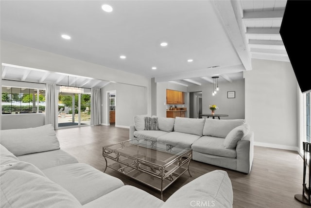 17441 Rayen St, Sherwood Forest, CA 91325 - living area featuring baseboards, recessed lighting, beam ceiling, and wood finished floors