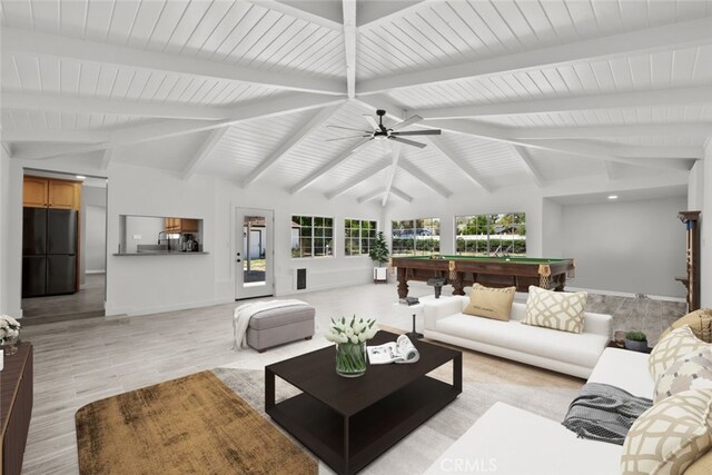 17441 Rayen St, Sherwood Forest, CA 91325 - living area with a ceiling fan, baseboards, lofted ceiling with beams, and billiards