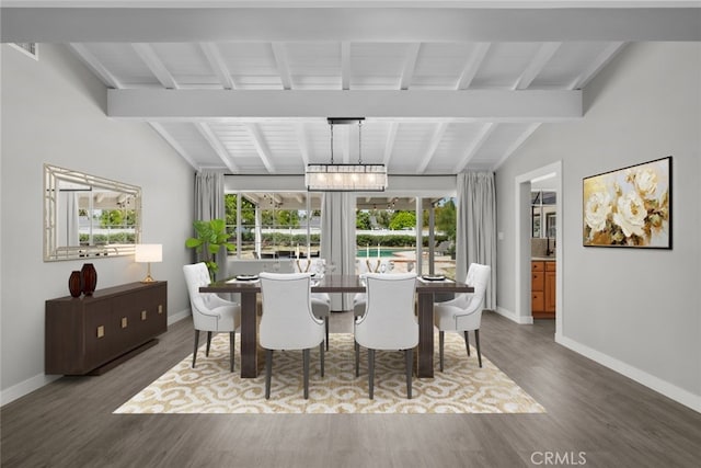 17441 Rayen St, Sherwood Forest, CA 91325 - dining room with baseboards, wood finished floors, and vaulted ceiling with beams