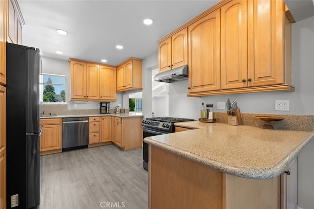 17441 Rayen St, Sherwood Forest, CA 91325 - kitchen with stainless steel appliances, recessed lighting, a peninsula, light wood-type flooring, and under cabinet range hood