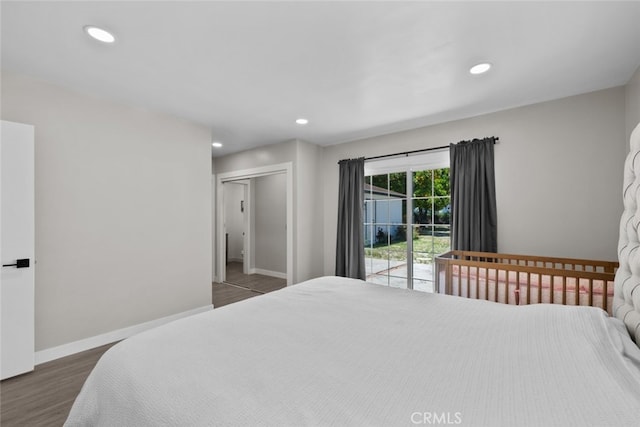 17441 Rayen St, Sherwood Forest, CA 91325 - bedroom with wood finished floors, baseboards, a closet, access to outside, and recessed lighting