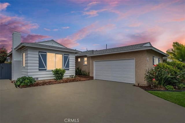 18012 Falda Ave, Torrance, CA 90504 - ranch-style home with a garage, stucco siding, a chimney, and driveway