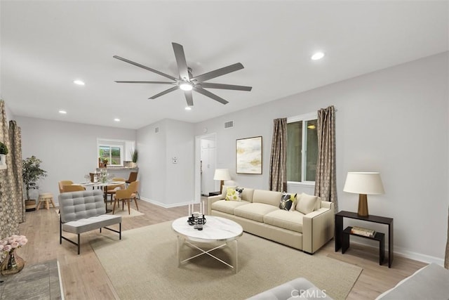 18012 Falda Ave, Torrance, CA 90504 - living area featuring light wood-style floors, a ceiling fan, recessed lighting, and visible vents
