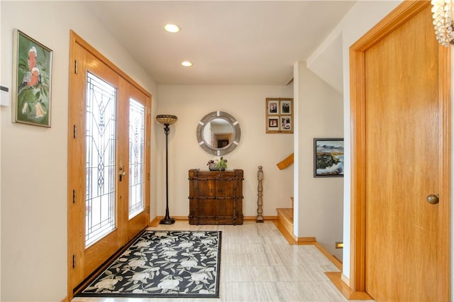 1660 Saint Thomas Ave, Cambria, CA 93428 - entryway with stairs, baseboards, and recessed lighting