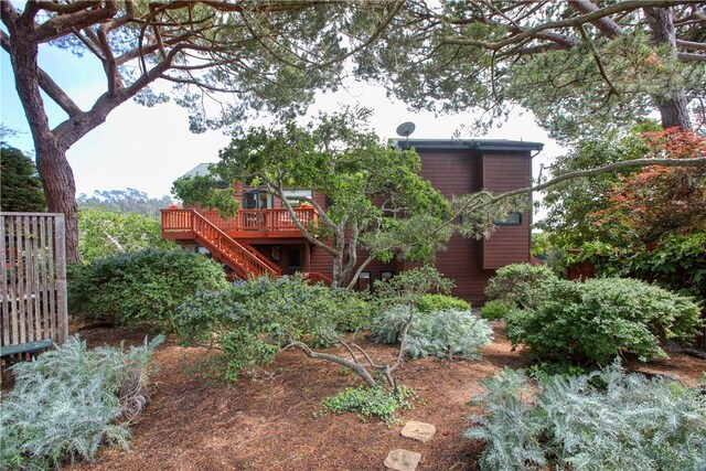 1660 Saint Thomas Ave, Cambria, CA 93428 - rear view of property with stairs and a wooden deck