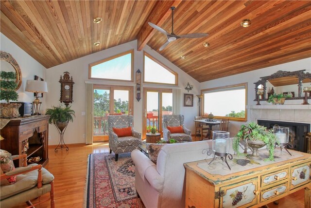 1660 Saint Thomas Ave, Cambria, CA 93428 - living area with a fireplace, plenty of natural light, a ceiling fan, light wood-style flooring, and wood ceiling