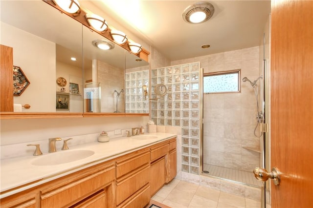 1660 Saint Thomas Ave, Cambria, CA 93428 - full bath with a tile shower, tile patterned floors, and double vanity