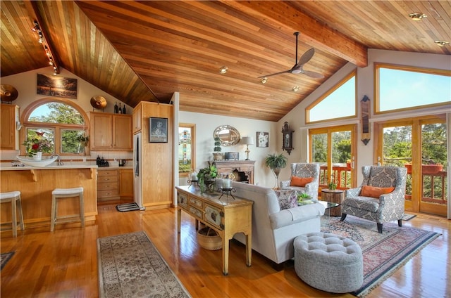 1660 Saint Thomas Ave, Cambria, CA 93428 - living area with wooden ceiling, beam ceiling, a ceiling fan, a fireplace, and light wood finished floors