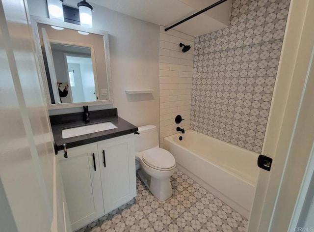 bathroom featuring vanity, shower / tub combination, tile patterned floors, and toilet