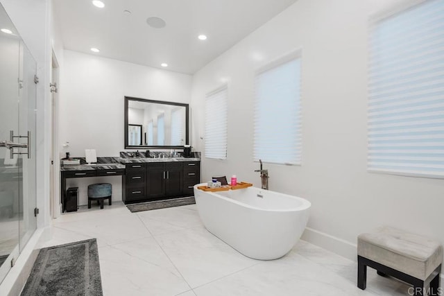 3881 Rancho Summit Dr, Encinitas, CA 92024 - full bathroom featuring marble look tile flooring, vanity, a shower stall, a soaking tub, and recessed lighting