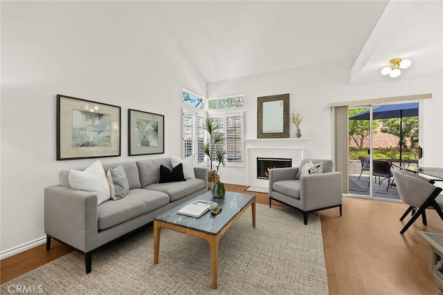 living area featuring baseboards, a fireplace with flush hearth, wood finished floors, and high vaulted ceiling