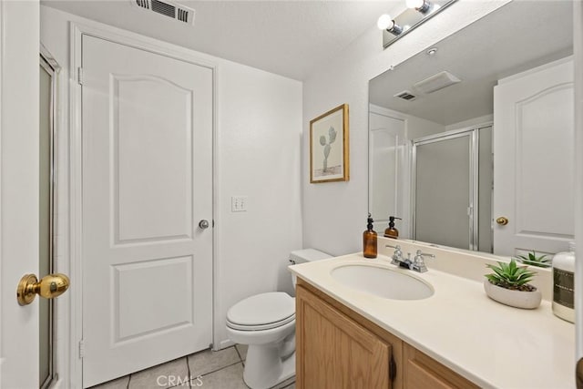 bathroom featuring tile patterned flooring, a shower stall, toilet, and visible vents