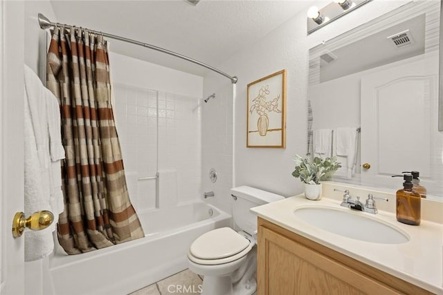 bathroom with visible vents, tile patterned flooring, vanity, toilet, and shower / tub combo with curtain