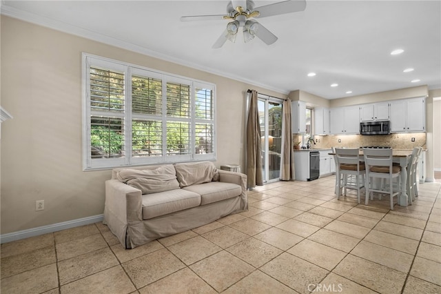 4677 Willow Bend Ct, Chino Hills, CA 91709 - living area with ornamental molding, baseboards, ceiling fan, recessed lighting, and light tile patterned floors
