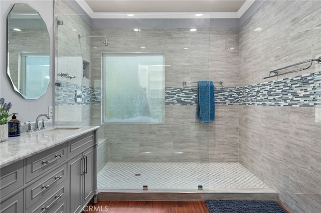 4677 Willow Bend Ct, Chino Hills, CA 91709 - full bath with vanity, ornamental molding, and a tile shower