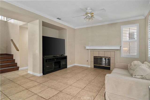 4677 Willow Bend Ct, Chino Hills, CA 91709 - living room with stairs, a ceiling fan, baseboards, visible vents, and ornamental molding