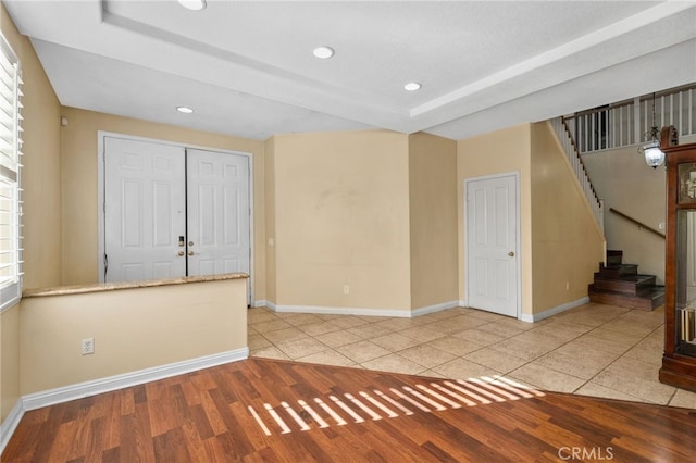 4677 Willow Bend Ct, Chino Hills, CA 91709 - interior space with recessed lighting, baseboards, a tray ceiling, and stairway
