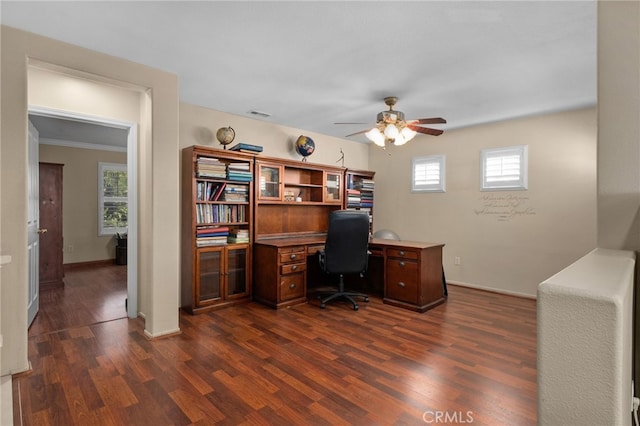 4677 Willow Bend Ct, Chino Hills, CA 91709 - office featuring baseboards, dark wood finished floors, ceiling fan, and visible vents