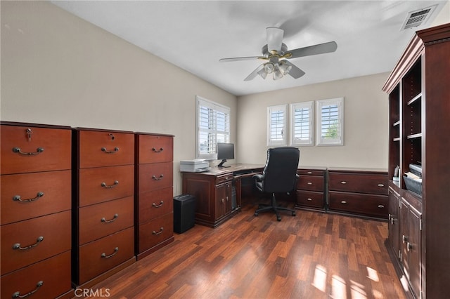 4677 Willow Bend Ct, Chino Hills, CA 91709 - home office featuring visible vents, dark wood-type flooring, and ceiling fan
