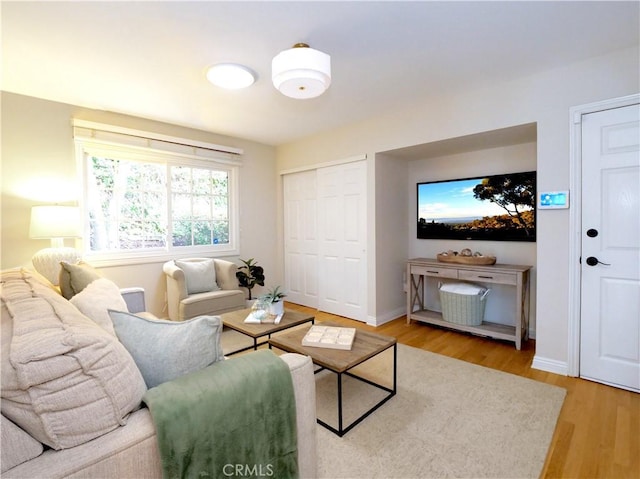 living area featuring baseboards and light wood-style floors