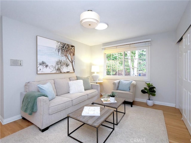 living room with baseboards and wood finished floors