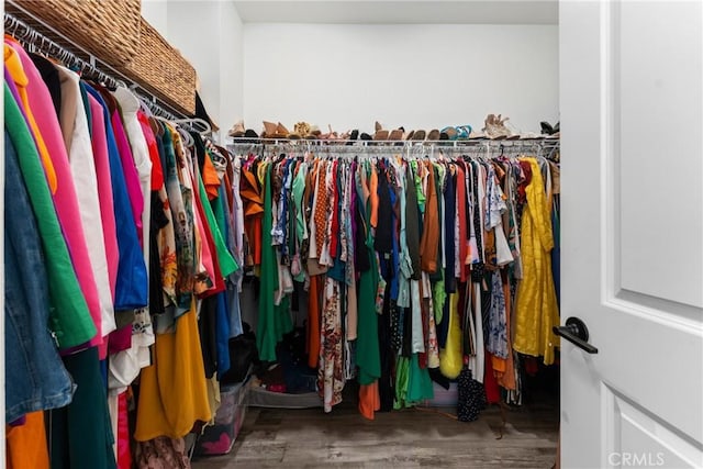 walk in closet with wood finished floors
