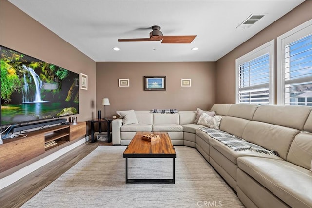 28292 N Via Sonata Dr, Valencia, CA 91354 - living area featuring light wood-type flooring, ceiling fan, recessed lighting, and baseboards