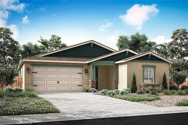 ranch-style home featuring an attached garage, driveway, and stucco siding