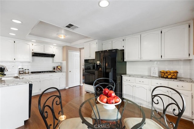 16562 Orangewind Ln, Riverside, CA 92503 - kitchen featuring black appliances, a sink, a raised ceiling, recessed lighting, and under cabinet range hood