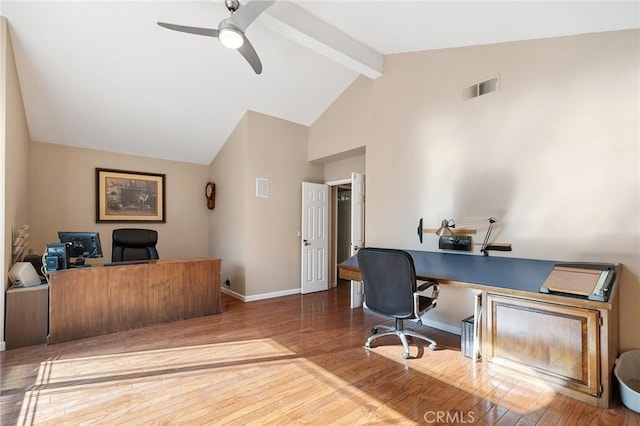 16562 Orangewind Ln, Riverside, CA 92503 - home office with ceiling fan, beamed ceiling, wood finished floors, baseboards, and high vaulted ceiling