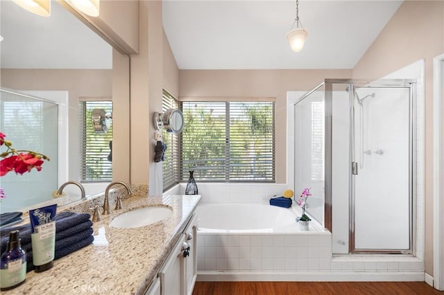16562 Orangewind Ln, Riverside, CA 92503 - bathroom with vanity, a stall shower, plenty of natural light, and lofted ceiling