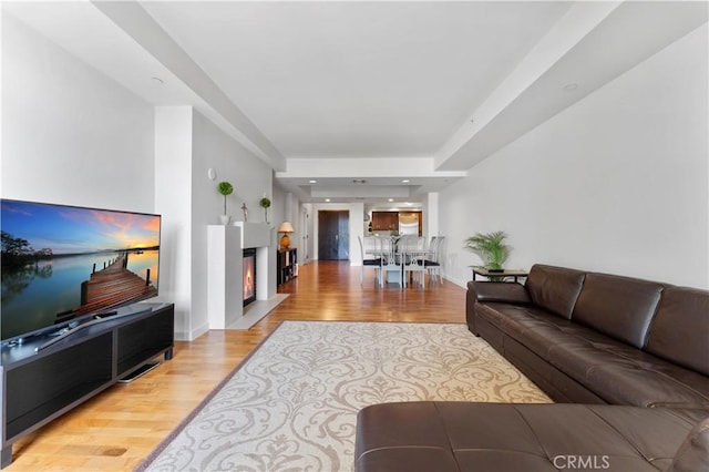 920 Granite Dr Unit 502, Pasadena, CA 91101 - living room featuring a glass covered fireplace, baseboards, and light wood-style flooring