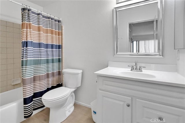 full bath featuring toilet, shower / tub combo, and vanity
